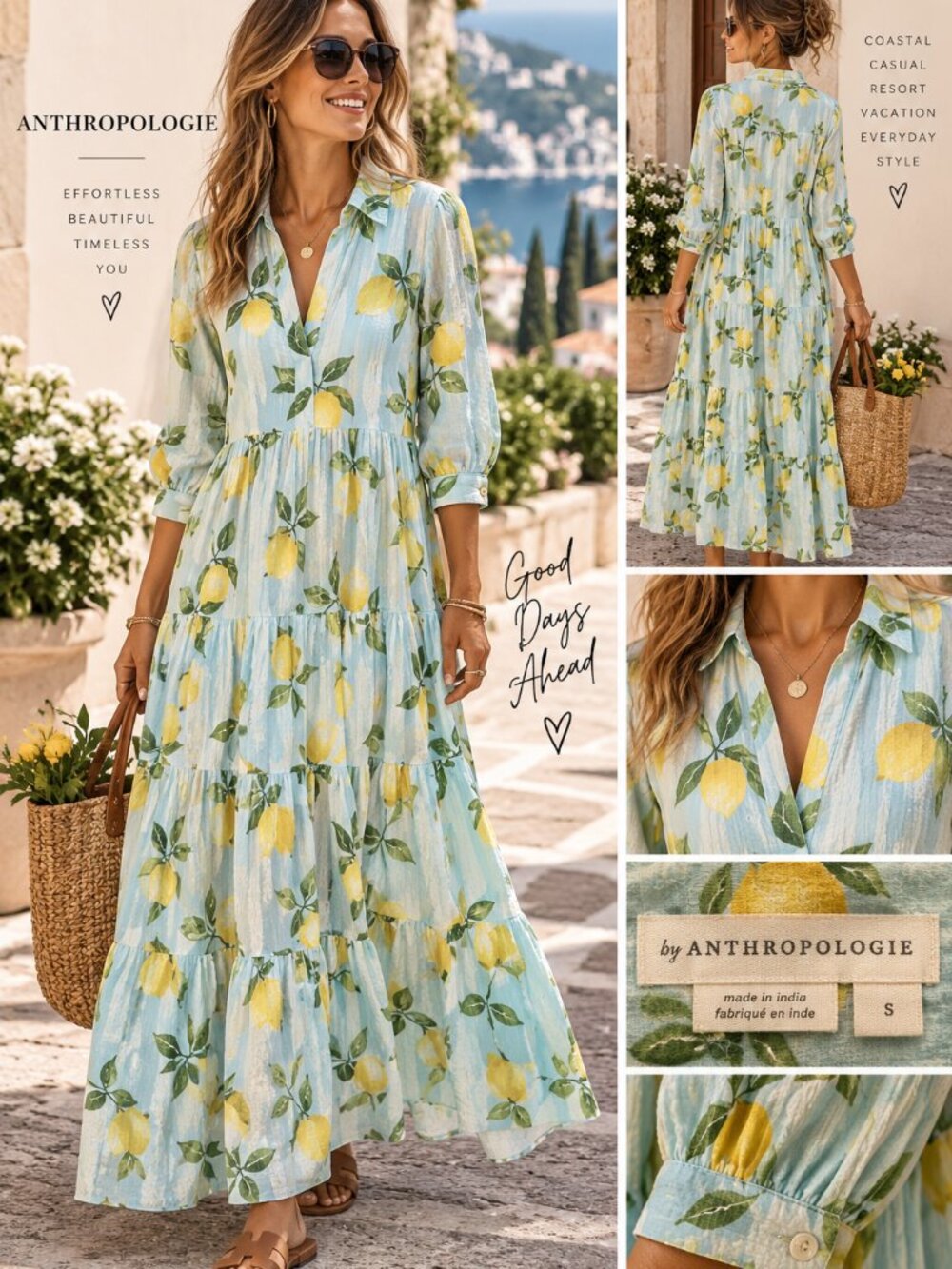 Anthropologie S Lemon Print Tiered Maxi Dress Aqua Blue